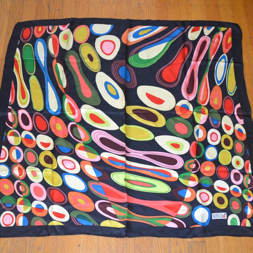 ARANCIA 100% Silk Scarf Vintage Mod Colorful Black Bold 33"x32"